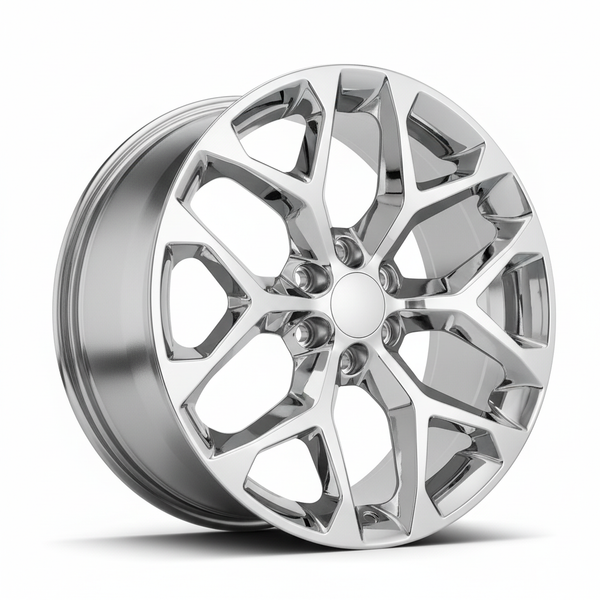 Chrome wheel with a complex, multi-spoke design and a central hubcap