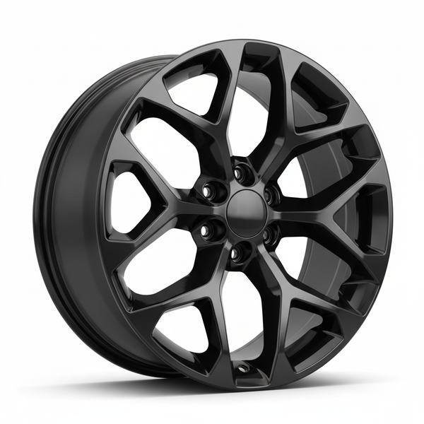 Black alloy wheel with a complex, multi-spoke design and a glossy finish