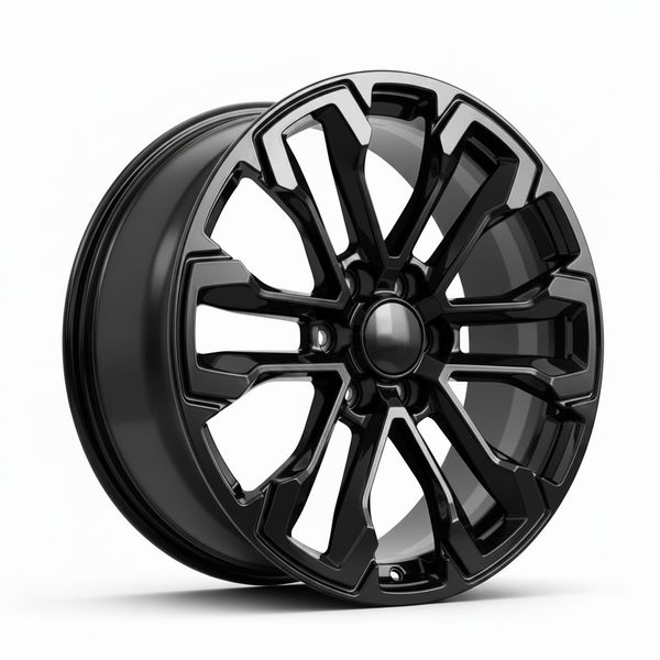 Black alloy wheel with a complex spoke design
