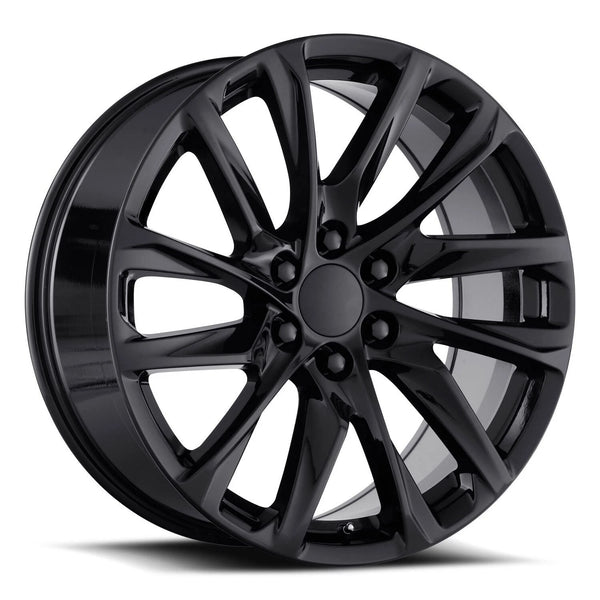 Black alloy wheel with multiple spokes and a central hubcap