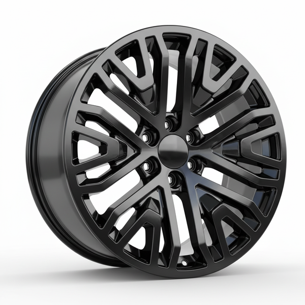 Black alloy wheel with a complex geometric spoke pattern