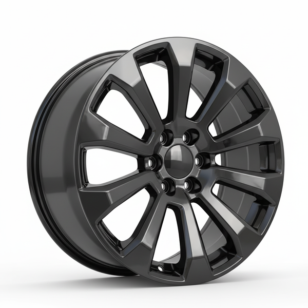 Gloss black 10-spoke alloy wheel with a central hubcap