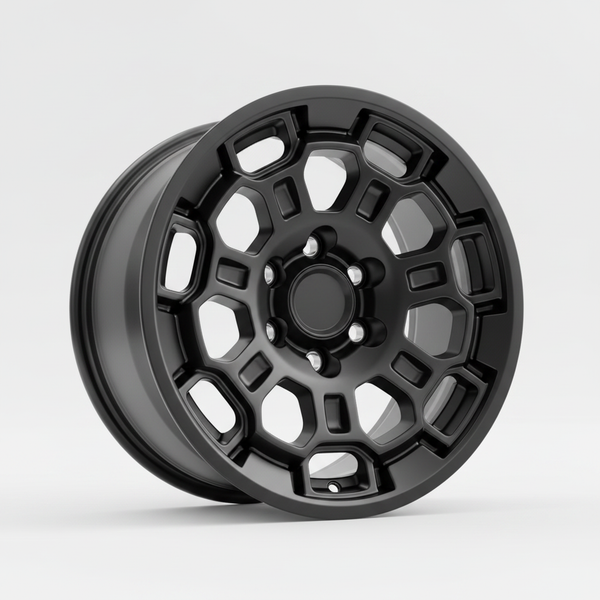 Black car wheel with hexagonal spokes