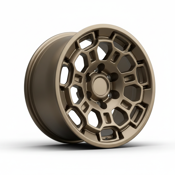 Bronze car wheel with a unique hexagonal spoke design