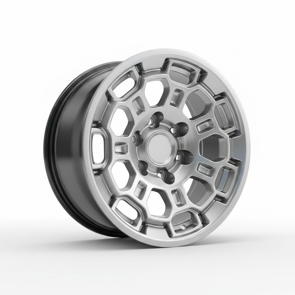 Silver alloy wheel with a geometric, honeycomb-like spoke pattern