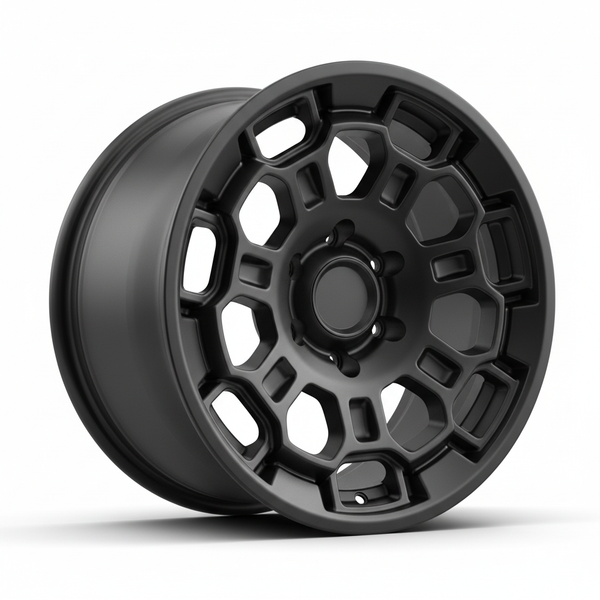 Black alloy wheel with a unique hexagonal spoke design