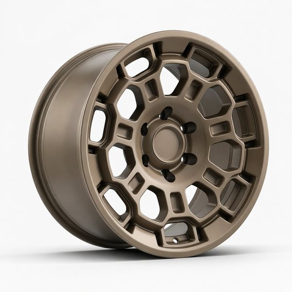Bronze car wheel with hexagonal spoke design