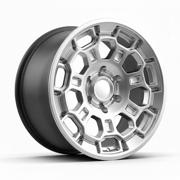 Silver alloy wheel with a honeycomb spoke pattern