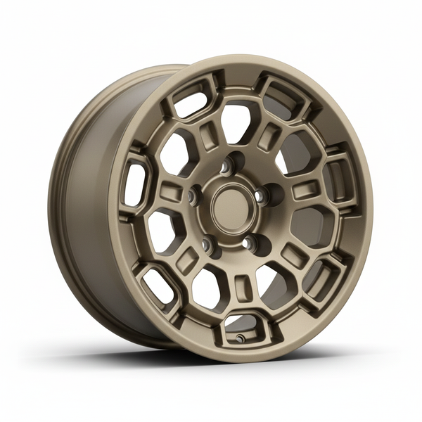 Bronze car wheel with a geometric spoke pattern