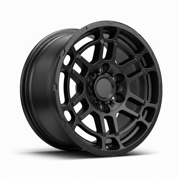 Black alloy wheel with a complex, geometric spoke pattern