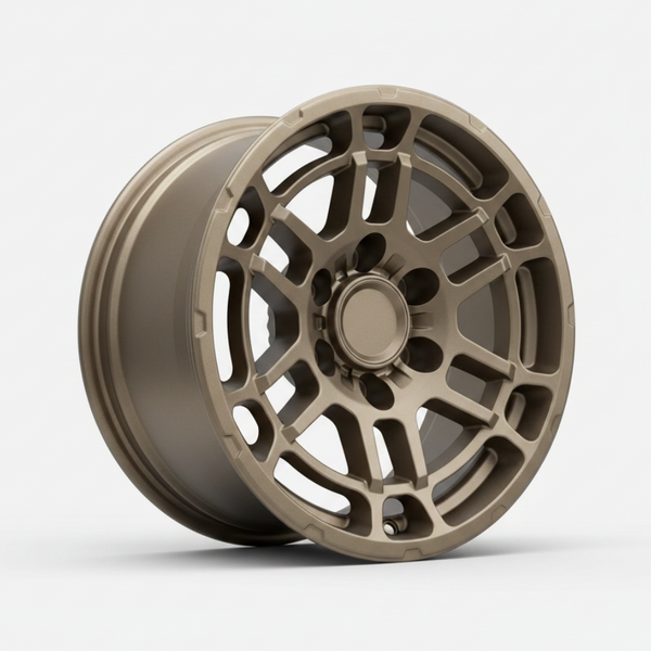 Bronze car wheel with intricate spoke design