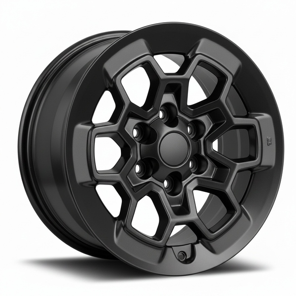 Black matte finish wheel with a geometric spoke design